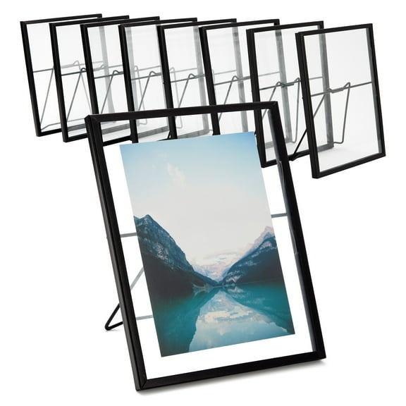 Juvale Wedding Floating Glass Picture Frames - 8-Pack, Black, 6.9" x 8.9", for 5" x 7" Photos - Hanging Picture Frames & Table Number Display - Double-Sided Glass & Easel Back