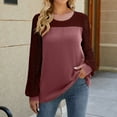 thumbnail image 2 of QLEICOM Women's Crewneck Long Sleeve Patchwork Tops Casual T-shirt Blouses Shirts Tops Wine XL, US Size 10, 2 of 5