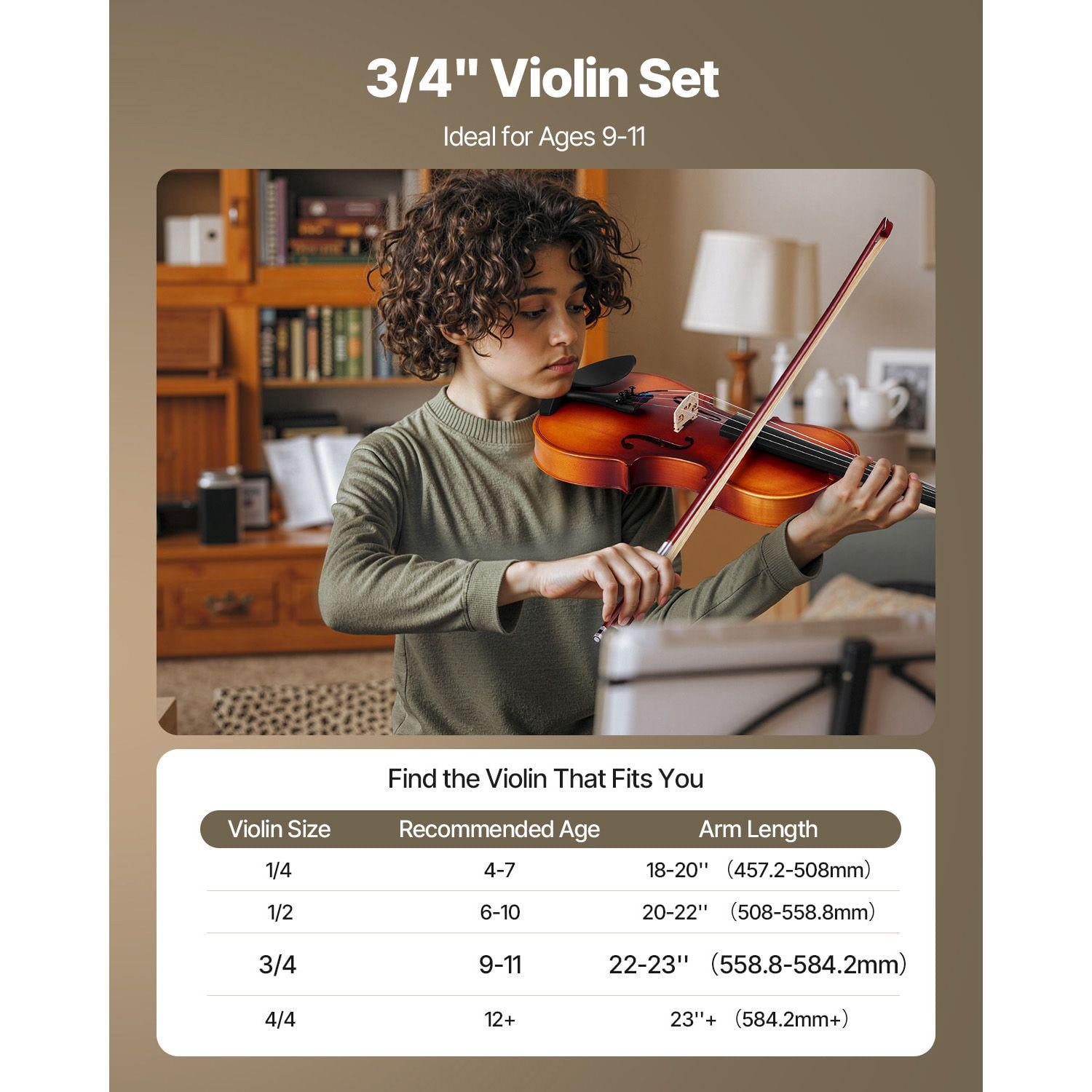 3/4 Size Violin for Adults Beginners Professional Fiddle Set with Hard Case Bow Rosin Shoulder Rest Tuner Bridge Extra Strings Brown