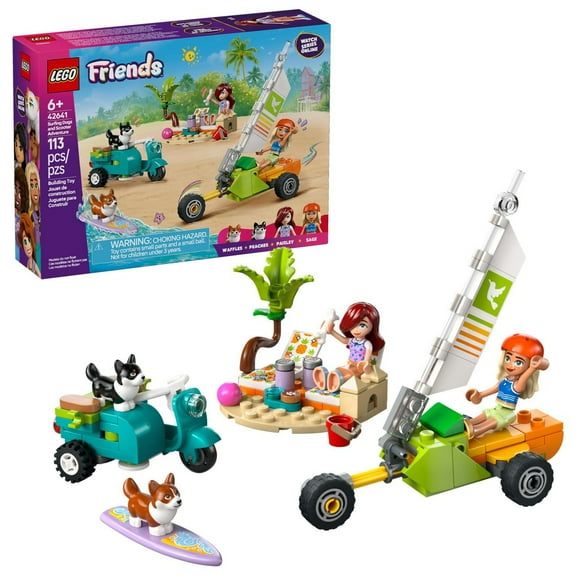 LEGO Friends Surfing Dogs and Scooter Adventure - Building Toy Pretend Play Set for Kids, Girls and Boys, Ages 6+ - with 2 Minidolls and 2 Corgi Toy Dogs - Gift Idea for Birthdays - 42641