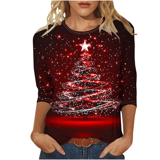 Lcziwo Women 3/4 Sleeve Tops Round Neck Christmas Holiday Shirts Christmas Tree Print Loose Blouses 2025 Fal Fashion Casual Tees Red,M