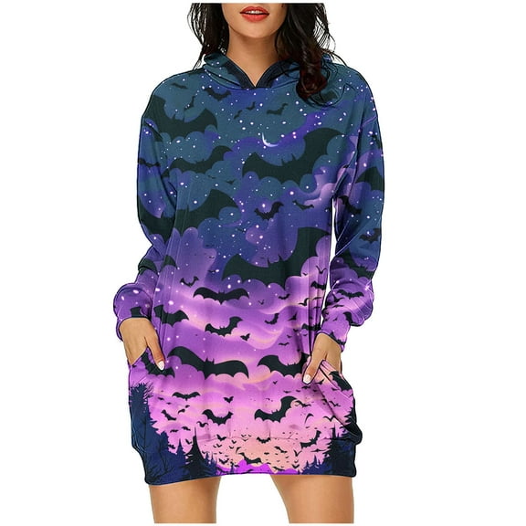 Nmnitkp Halloween Dress Hoodie Show One's Individuality Women Halloween Sweatshirt Funny Grimace Bat Graphic Print Long Sleeve Shirt Pullover Dress Fall Tops & Soft Dress with Pocket