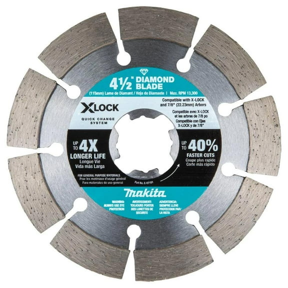 Makita X-LOCK E-07191 Diamond Blade, 4-1/2 in Dia, 7/8 in Arbor, Segmented Rim