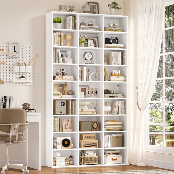 Hiphuta 27-Cube 9-Tier Bookcase, 75" Tall Triple-Wide CD Media Storage Organizer with 15 Adjustable Shelves, Large Cube Storage Organizer, White