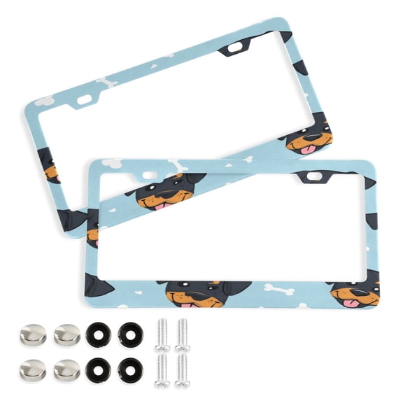 Aluminum License Plate Frame 2 Pack Car Exterior Accessory Car Tag Holder for Front Rear Plates Cars Decor Cartoon Dog Faces and Bones
