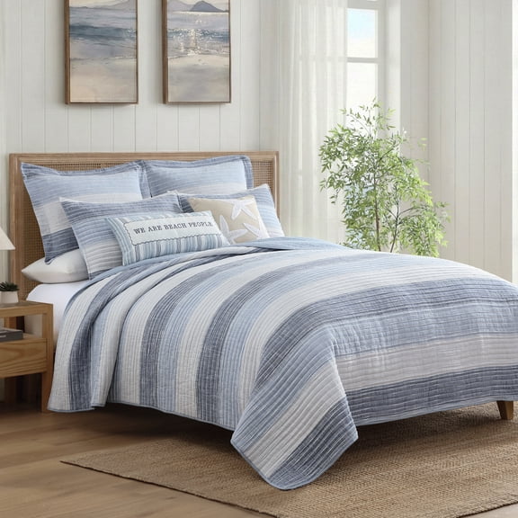 Levtex Home – Sand Stripes Blue Full/Queen Quilt – 88x92in – Textured Stripe – Blue and White – Reversible - Cotton