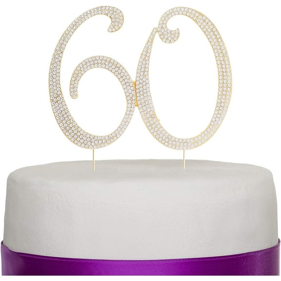 60 Cake Topper for 60th Birthday or Anniversary Gold Party Supplies & Decoration Ideas (Gold)