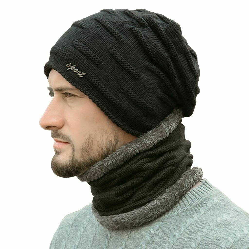 NovFort Mens Beanie Hat Scarf Set Winter Warm Knit Slouchy Thick Fleece Lined Skull Cap for Men Unisex Grey 
