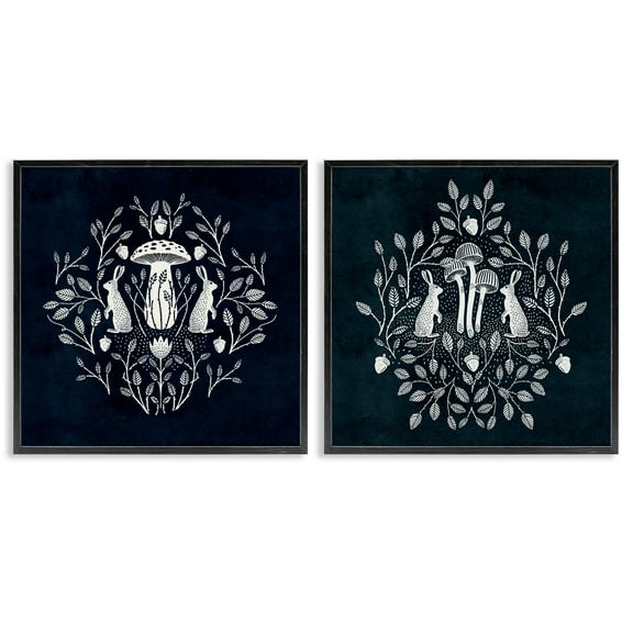 Stupell Industries Boho Mirrored Floral Bunnies Animals Painting Black Framed Art Print Wall Art, 12 x 12, Set of 2