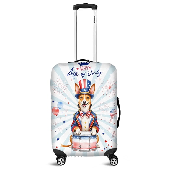 Happy 4th of July Patriotic Basenji Marching Band Uniform Balloons Fireworks Travel Luggage Cover African Barkless Dog Lover Suitcase Dust Protective Decor - 13009