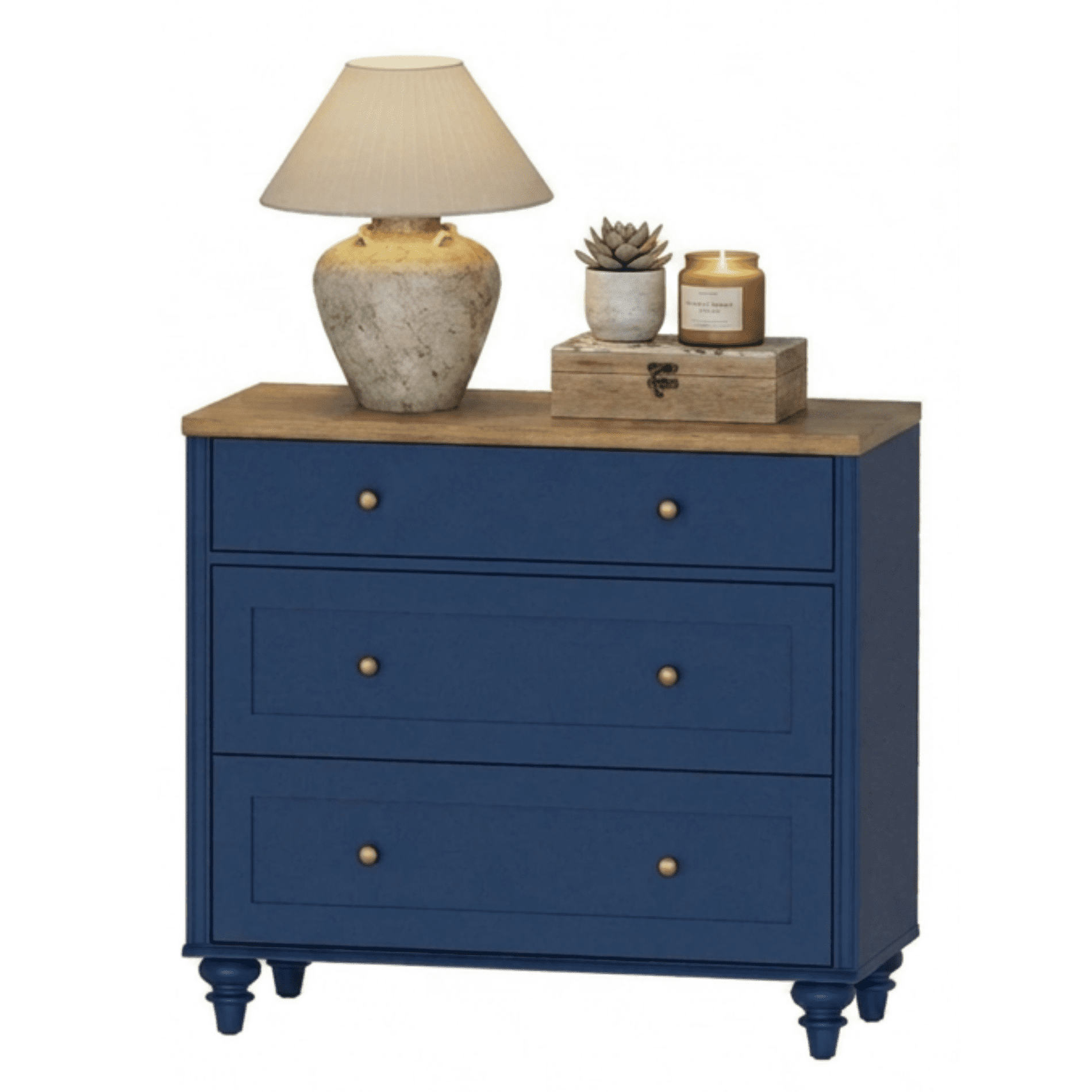 Navy Blue End Table with 3 Drawers, Large Wood Bedside Table Night Stand, Wide Sofa Side Table 3 Drawers for Living Room, Bedroom