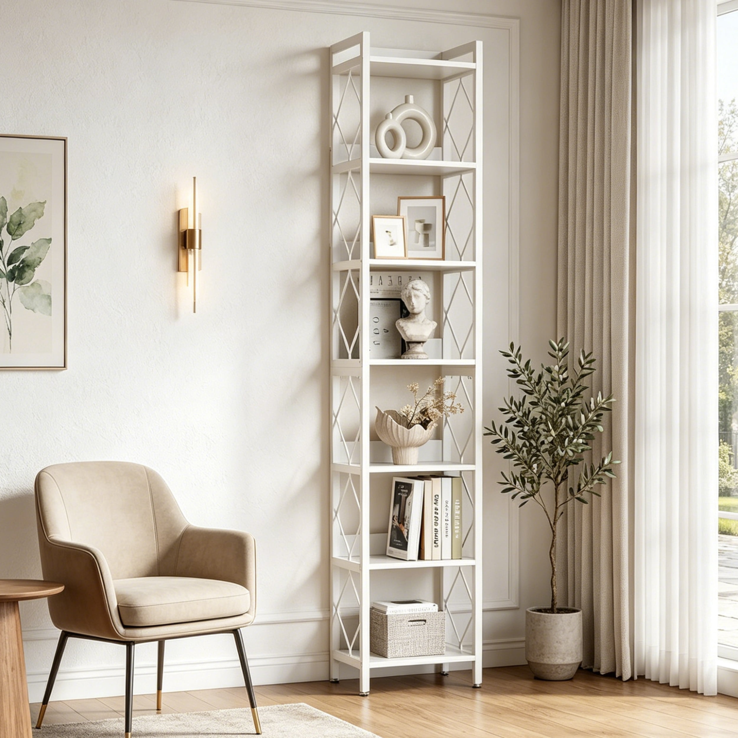 Fnova 78.7" 7-Tier Tall Storage Shelf, Narrow Metal Wood Bookshelf for Small Spaces, Office, Library, Living Room
