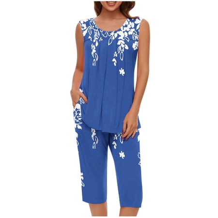 SCSAlgin Women Pajamas Sets Loungewear Soft Sleepwear Two Piece Summer Sleeveless Pjs Tank Top Pants with Pocket