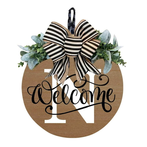 Letter Welcome Sign Wreath for Front Door, 11.8 Inch Personalized Last Name Wooden Hanging Sign with Eucalyptus Leaves & Black and White Striped Bow for Farmhouse Home All Year Round Decor