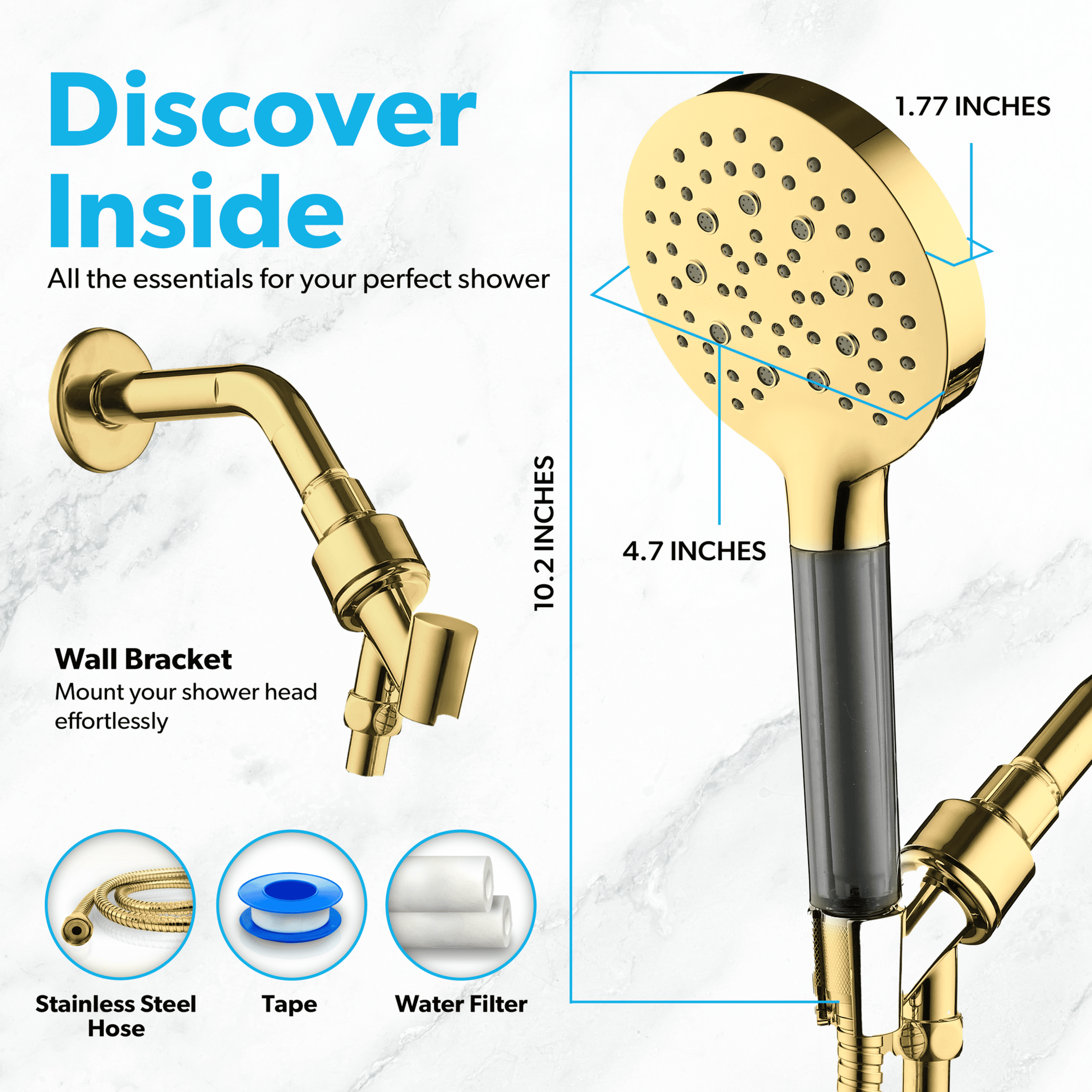 BLACK+DECKER Handheld Shower Head w/ 3 Spray Settings, Water Filter, & Stainless Steel Hose, Gold