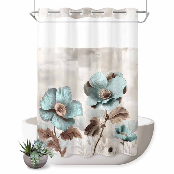 No Hook Shower Curtain, Tulip Flower Shower Curtains for Bathroom with See Through Top Window, Teal Brown Vintage Floral Plant Botanical Waterproof & Washable Bath Curtain Extra Long 72"x84"