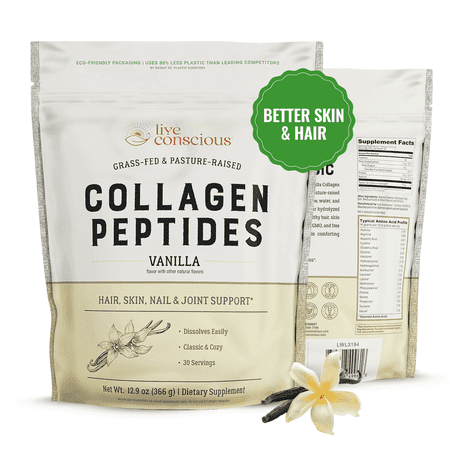 Live Conscious Collagen Peptides Powder, Vanilla, Grass-Fed Types I & III, Skin, Hair, Nails & Joint Support, 30 Servings