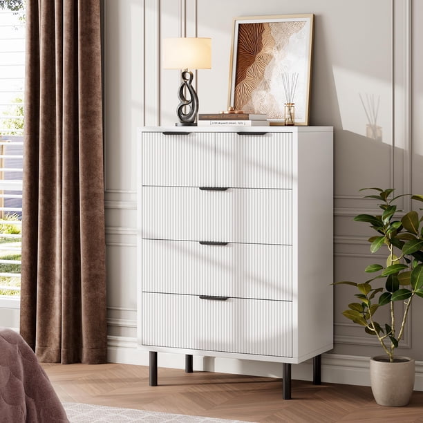 QinaQin Cómoda ondulada de 5 cajones para recámara, mueble alto de madera con amplio espacio de almacenamiento para dormitorio, sala, pasillo o clóset