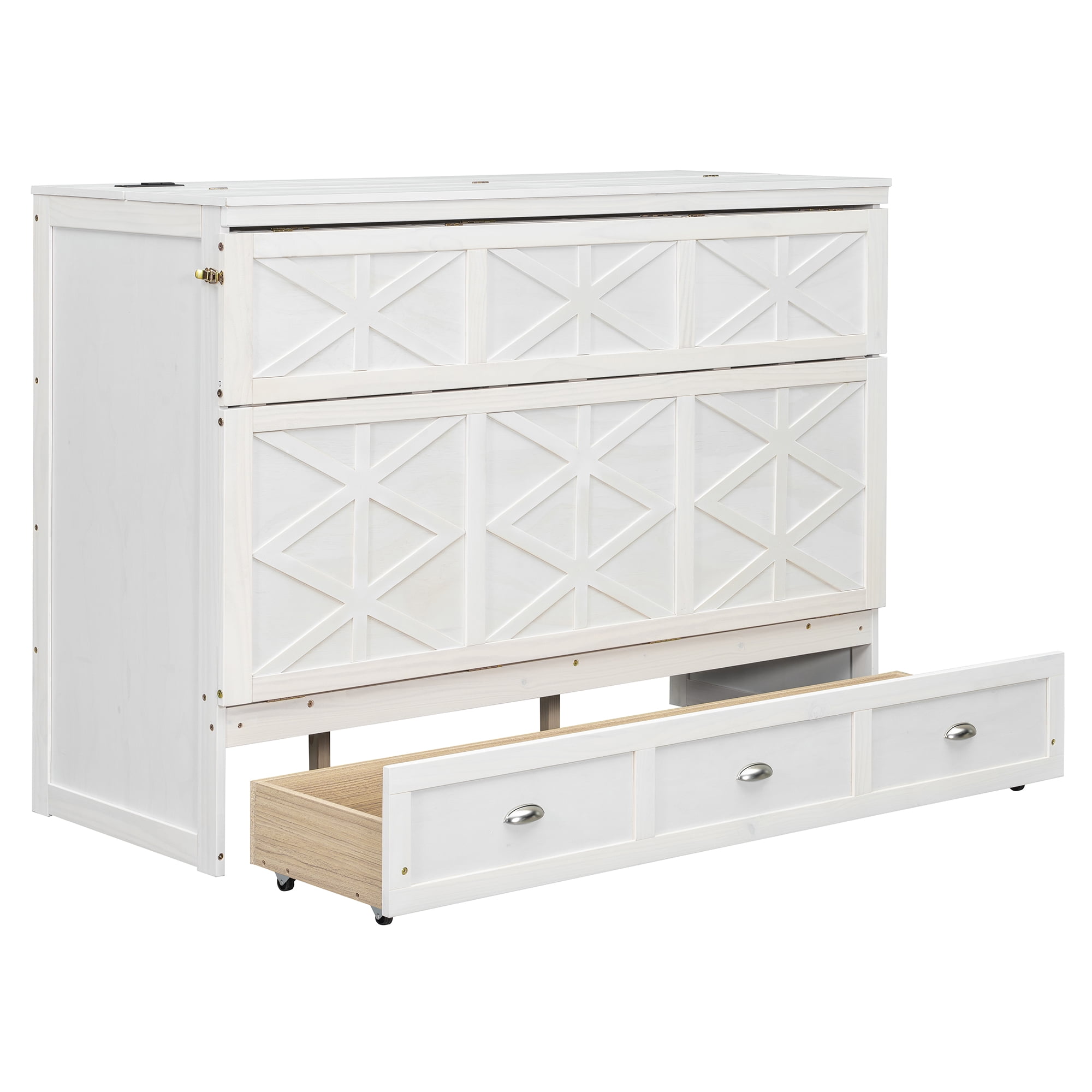 Mintazer Queen Size Murphy Bed with Charge Station & 3 Storage Drawers, Farmhouse Geometric Pattern Foldable Cabinet Wall Bed for Guest Room Small Apartment, White