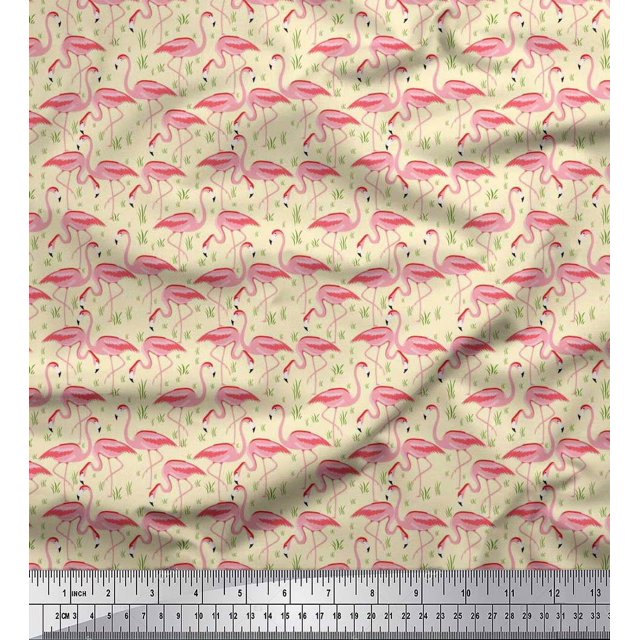Soimoi Rayon Fabric Grass & Flamingo Bird Decor Fabric Printed Yard 56 Inch Wide