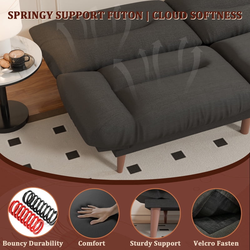 Lacoo 65"W Convertible Futon Sofa Bed with Five-level Adjustable Armrests,Fabric Black