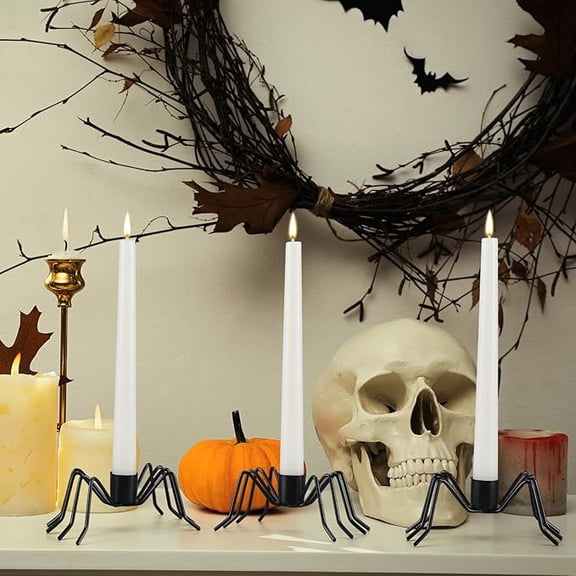 Black Spider Taper Candlestick Holders 4Pcs, Metal Candle Holder Fit 3/4 Inch Candles, Gothic Home Shelf Mantel Decor For Halloween Haunted House Pumpkin Party Decoration