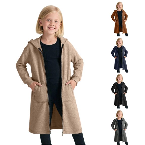 RUTAYY Girls Long Full Zip Hoodie Cardigan Basic Solid Color Long Sleeve Casual Square Patch Pocket Sweatshirt Jacket for Kids Khaki