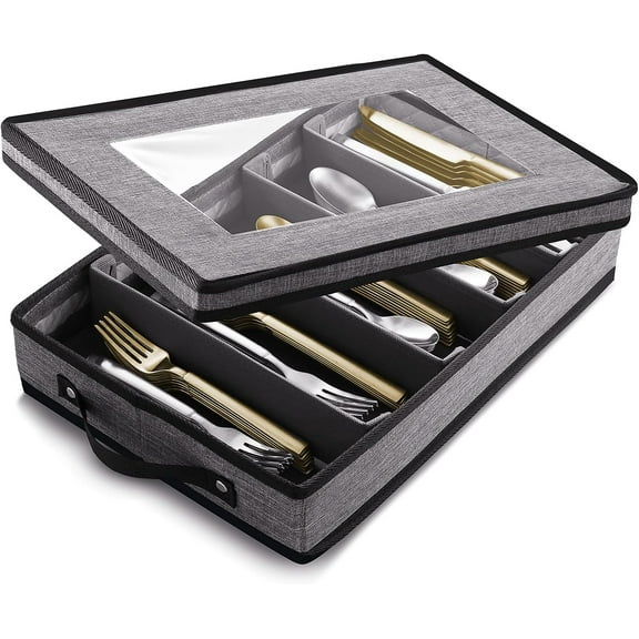 Flatware & Utensil Storage, Durable Silverware Storage Box with Padded Dividers, 5 Compartment Flatware Storage Case, Silverware Case with Handles and Removable Lid - Protects and Organizes Cutlery