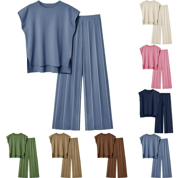 Itsame Womens 2 Piece Outfits, Sleeveless Tops Wide Leg Pants Loose Casual Sets Dark Blue L