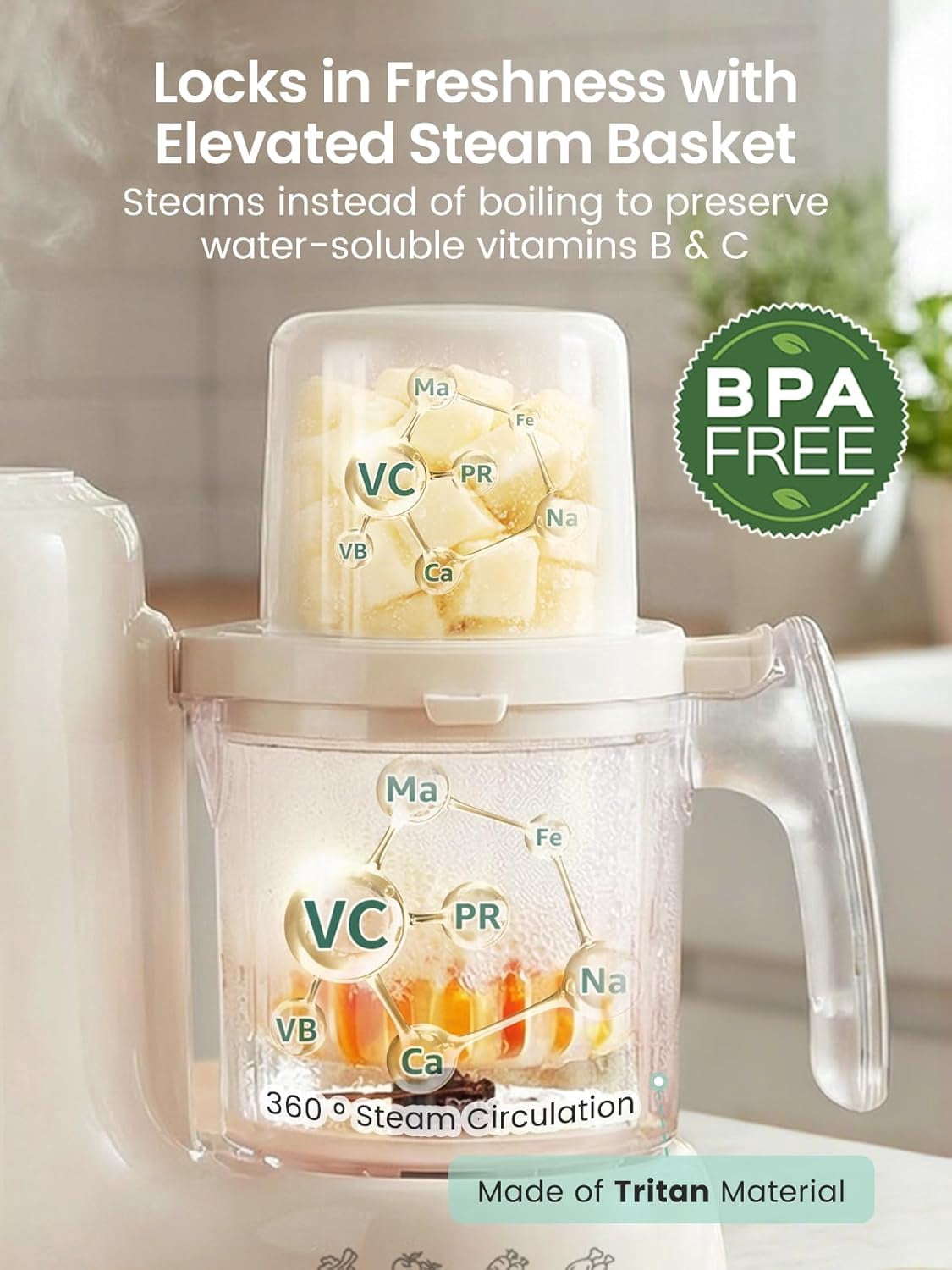 Grownsy Baby Food Maker with Dual-Layer Steam Basket | Baby Food Processor for Starting Solids & Babies 6+ Months | Steamer Blender & Puree Machine for Healthy Homemade Baby Food, BPA-Free,Cream