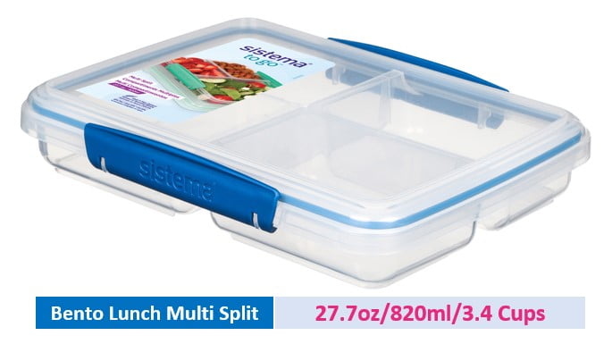 Sistema to go 820ml/3.4 Cups, 1 Pack, Blue, Multi Split Rectangular, Plastic Bento Lunch Food Storage Container