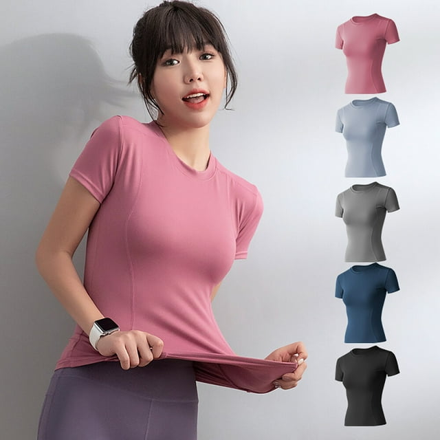 Women Compression Shirt Stretchy Short Sleeve Tight Fitting Top Athletic Workout Running Yoga T-Shirt
