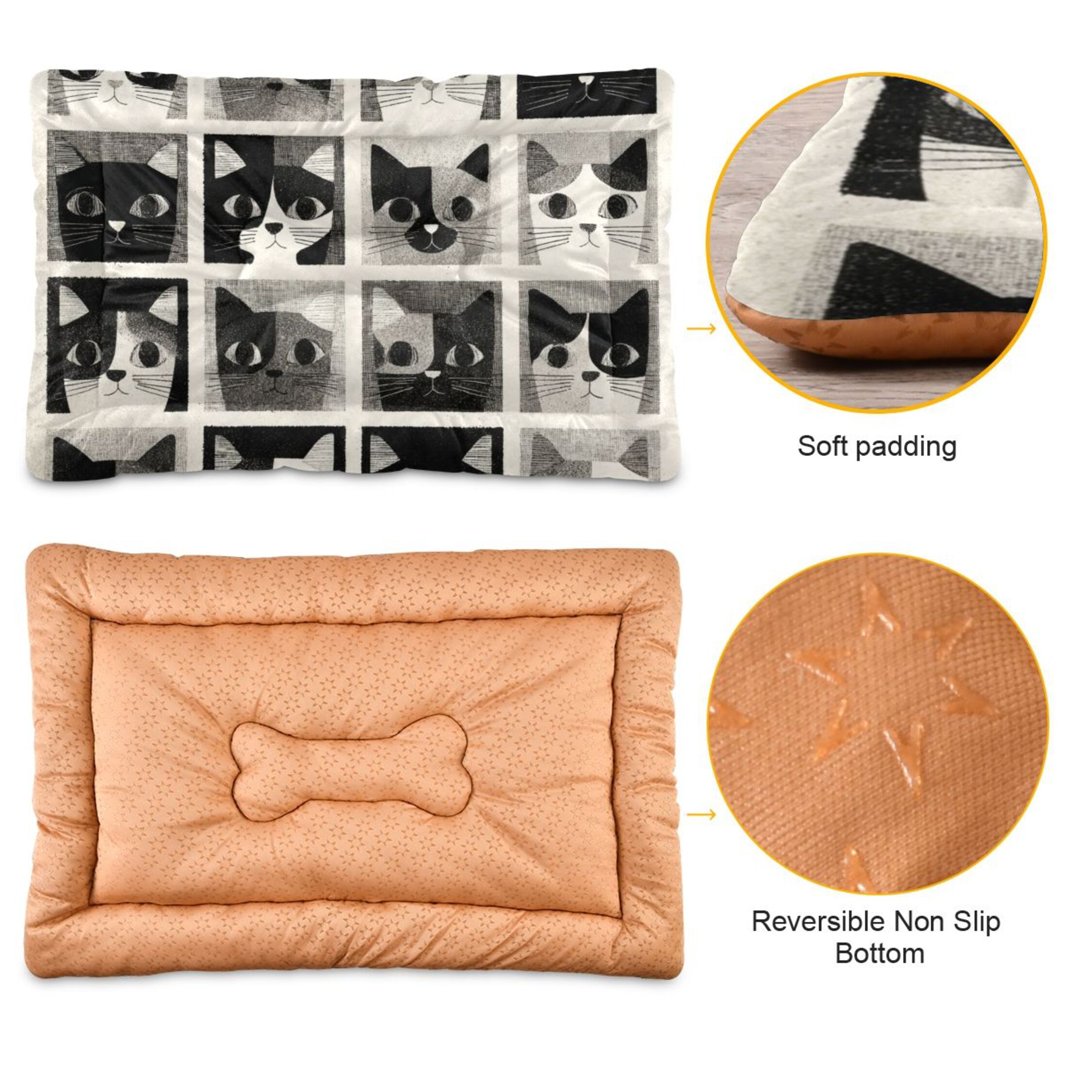 Cozy Mat Pet Bed Indoor Outdoor Warm Soft For Cat Dog Puppy(S/M) Black White Cat Faces