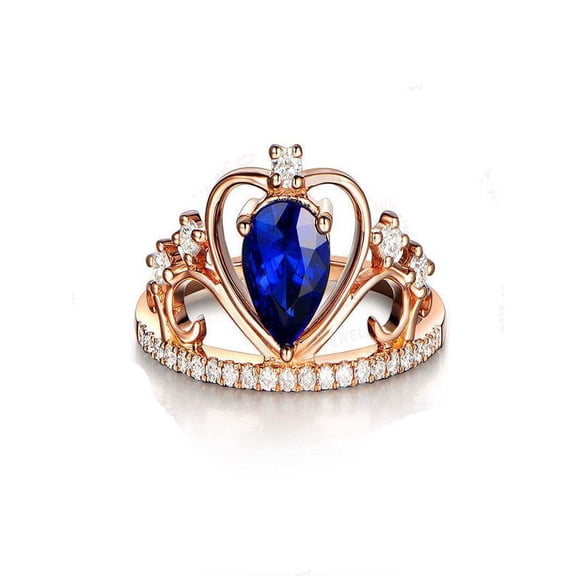 Antique 1.25 Carat Sapphire and Diamond Moissanite Engagement Ring, 10k Rose Gold Sapphire, Crown Engagement Ring, Crown Rings