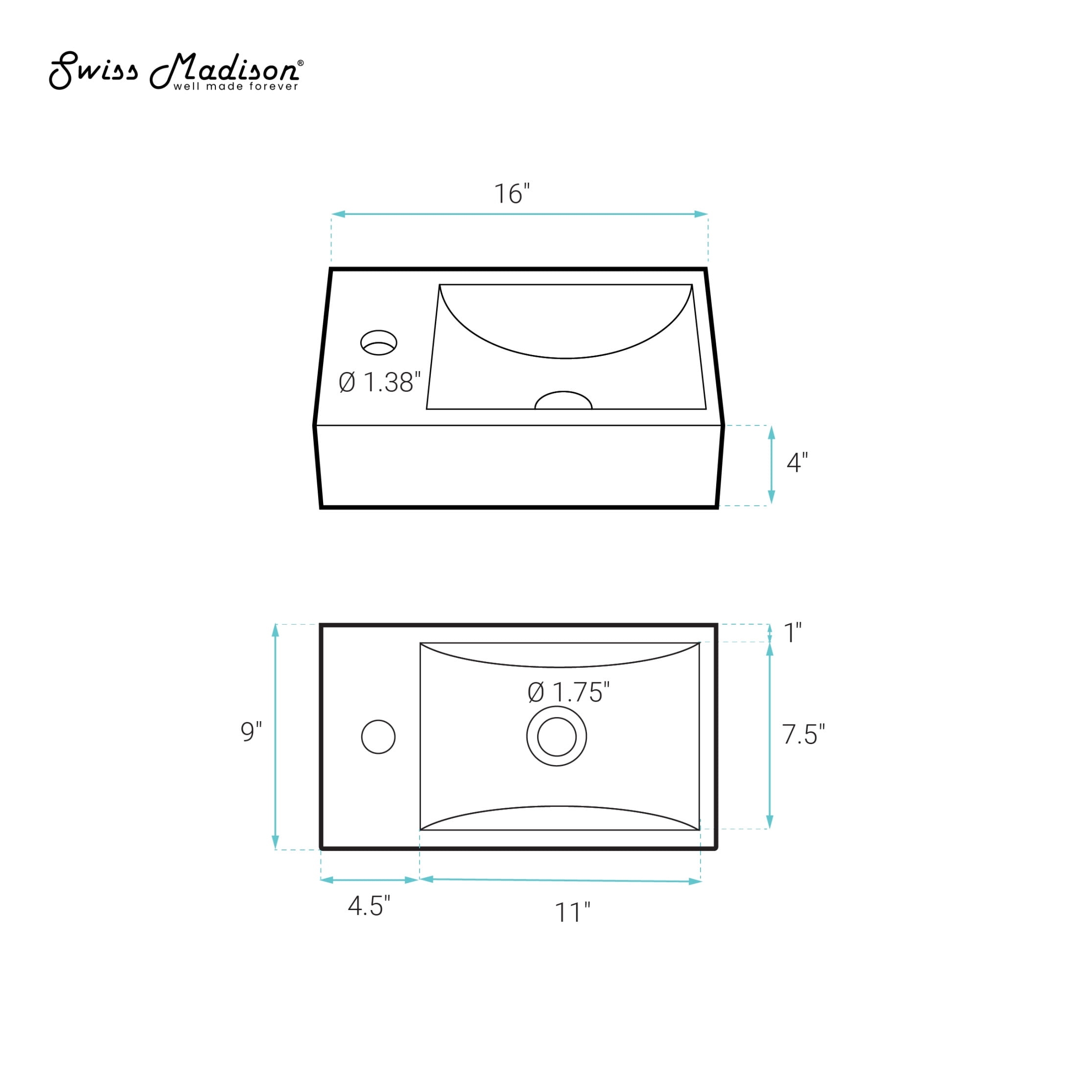 Lisse 16" Concrete Rectangle Wall-Mounted Sink with Left Side Faucet Mount in Matte Dark Gray