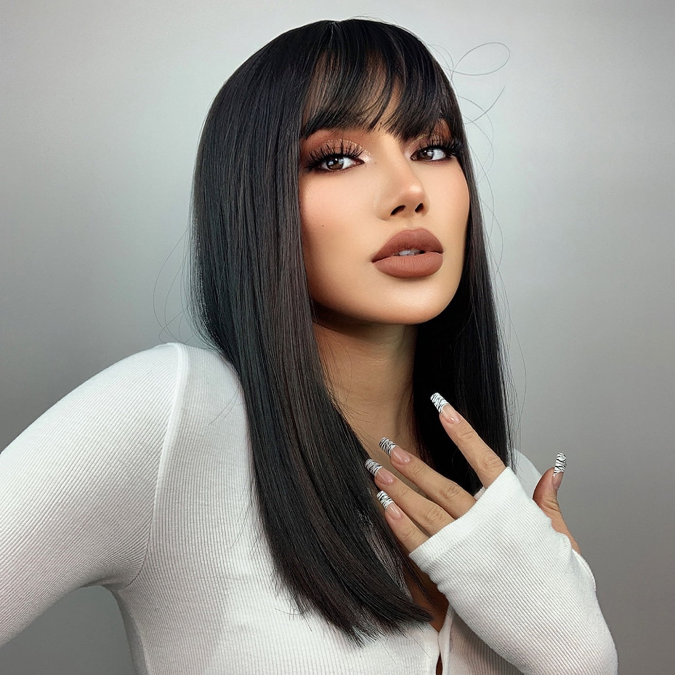 BERON Black Straight Wigs Middle Length Hair Wig for Women Wigs with Bangs Synthetic Daily Use Wigs Wig Cap Include