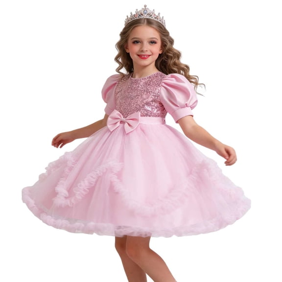 Efsteb Girls Puff Sleeve Sequin Princess Dress Kids Bow Waist Tulle Ball Gown for Birthdays Weddings and Parties (Pink,5-6 Years)