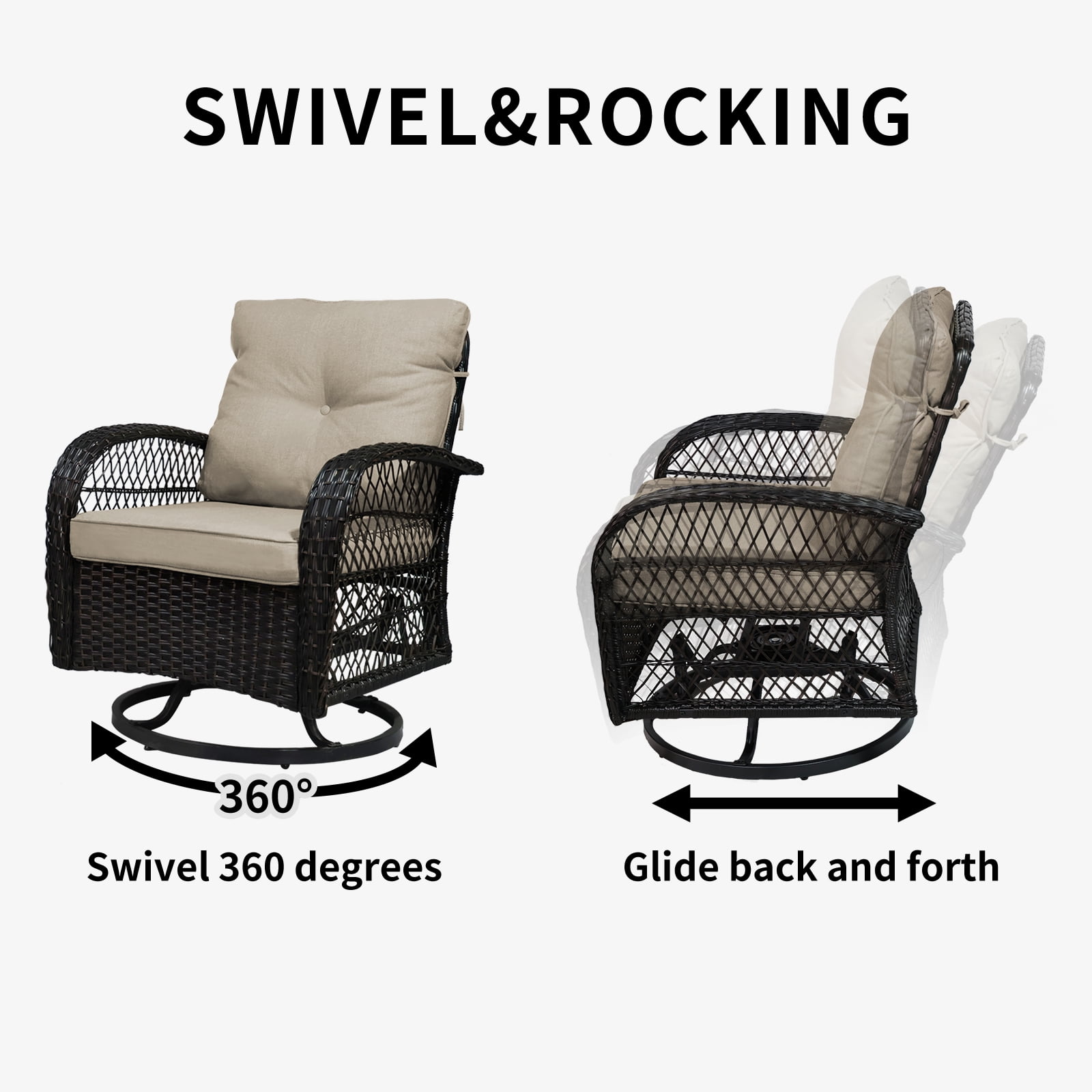 SHGJ&SOFT 3-Piece Patio Conversation Set with Thick Cushions and Glass Table, Modern PE Rattan Outdoor Furniture for Deck, Porch or Garden (Brown)