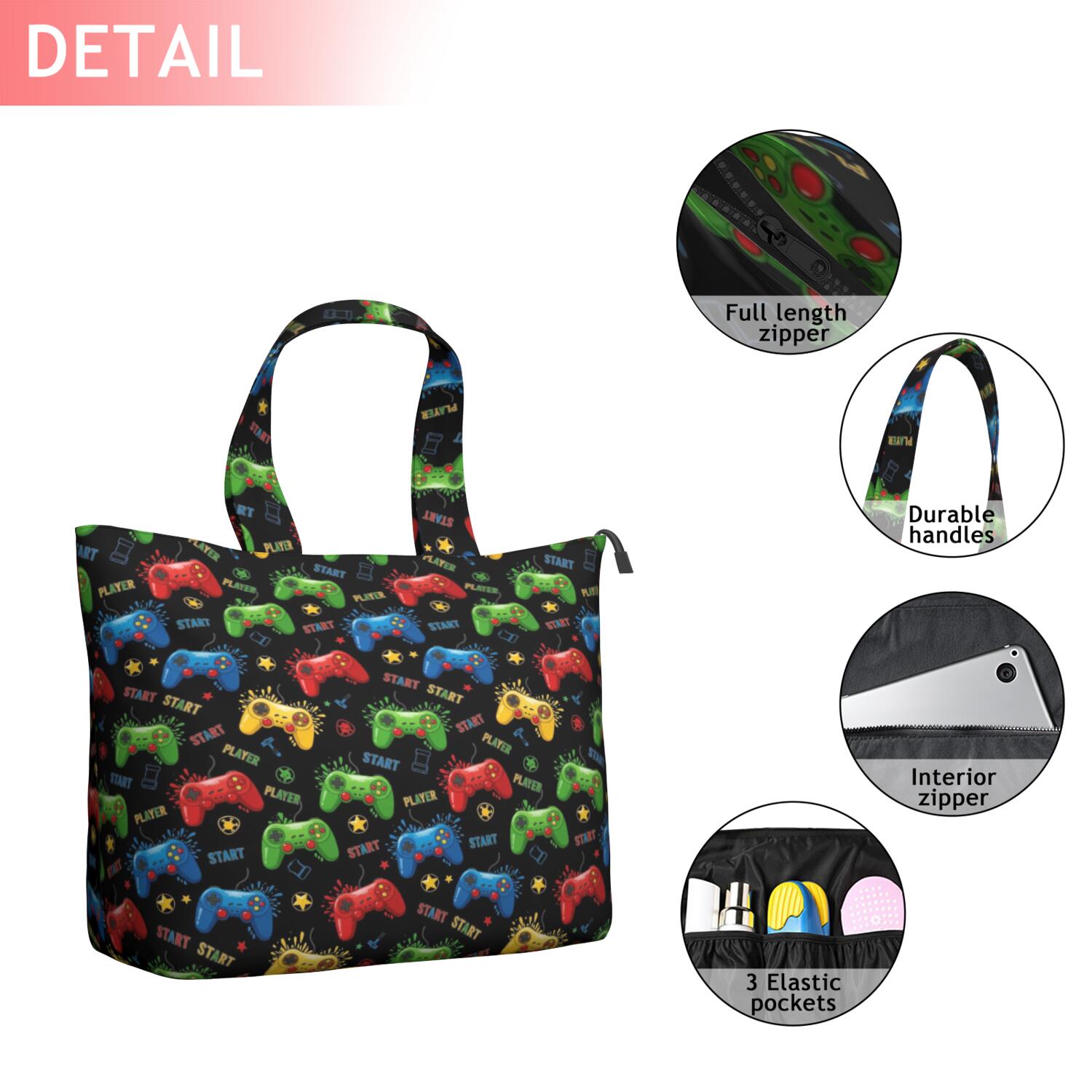 Colorful Controllers Games Stars Black Pattern Travel Tote Bags for Women Carry On,Large Weekender Bags for Women Travel,Multi Functional Duffle Bag for Work,Shopping,Sports