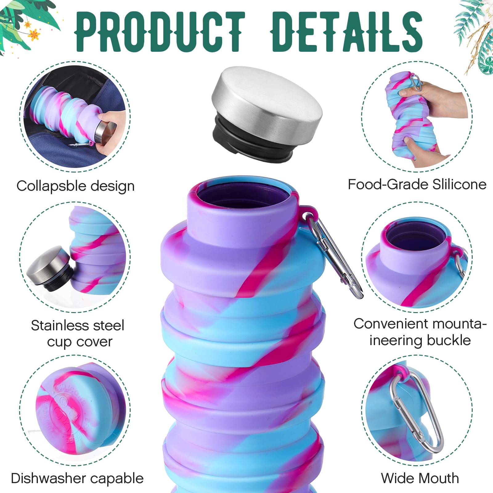 NexTone 8 Pcs Collapsible Water Bottles Bulk Reusable Silicone Foldable Water Bottles 17 oz Portable Lightweight Sports Bottle with Carabiner for Gym Hiking Camping Travel(Mixed Colors)