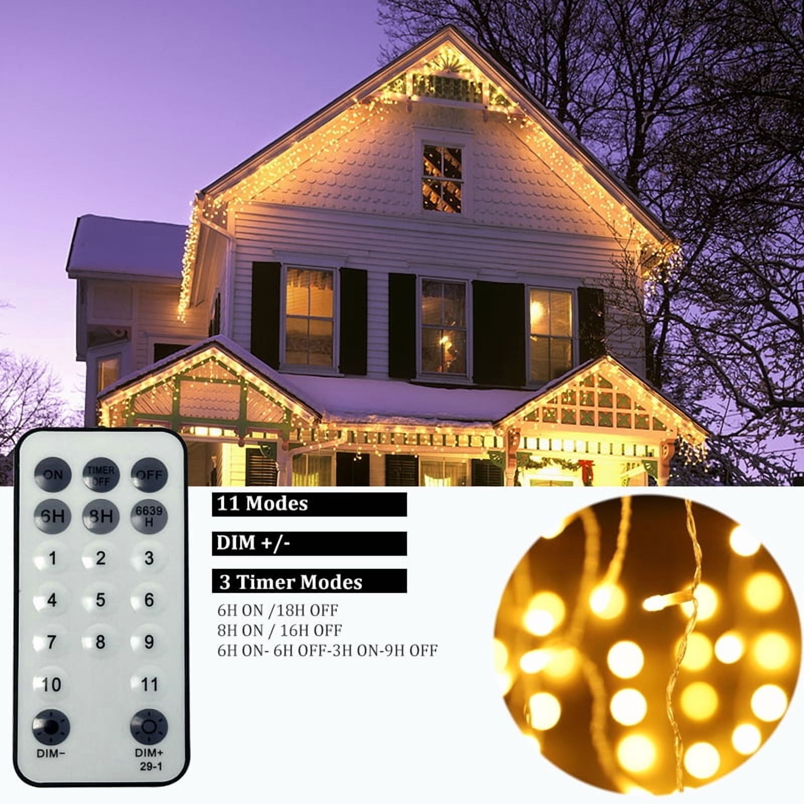 Icicle String Lights Christmas Curtain Light with Timer & Remote Control, 50FT 500 LED, Warm To White Color Changing, Indoor & Outdoor for Wall Eave Gazebo Fence Decoration