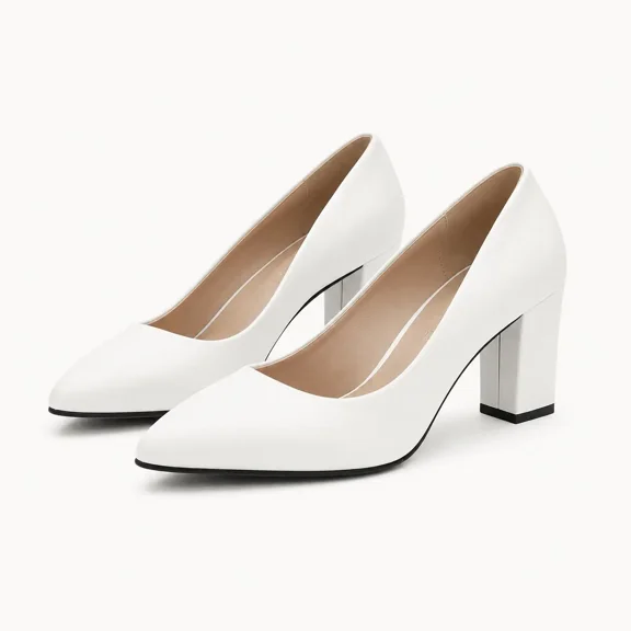 GeeYea women’s White Block Heel Pumps, Pointed Toe Closed Toe Dress Heels with PU Upper & PVC Sole, Elegant Office, Date Night, Party & Spring Summer Shoes