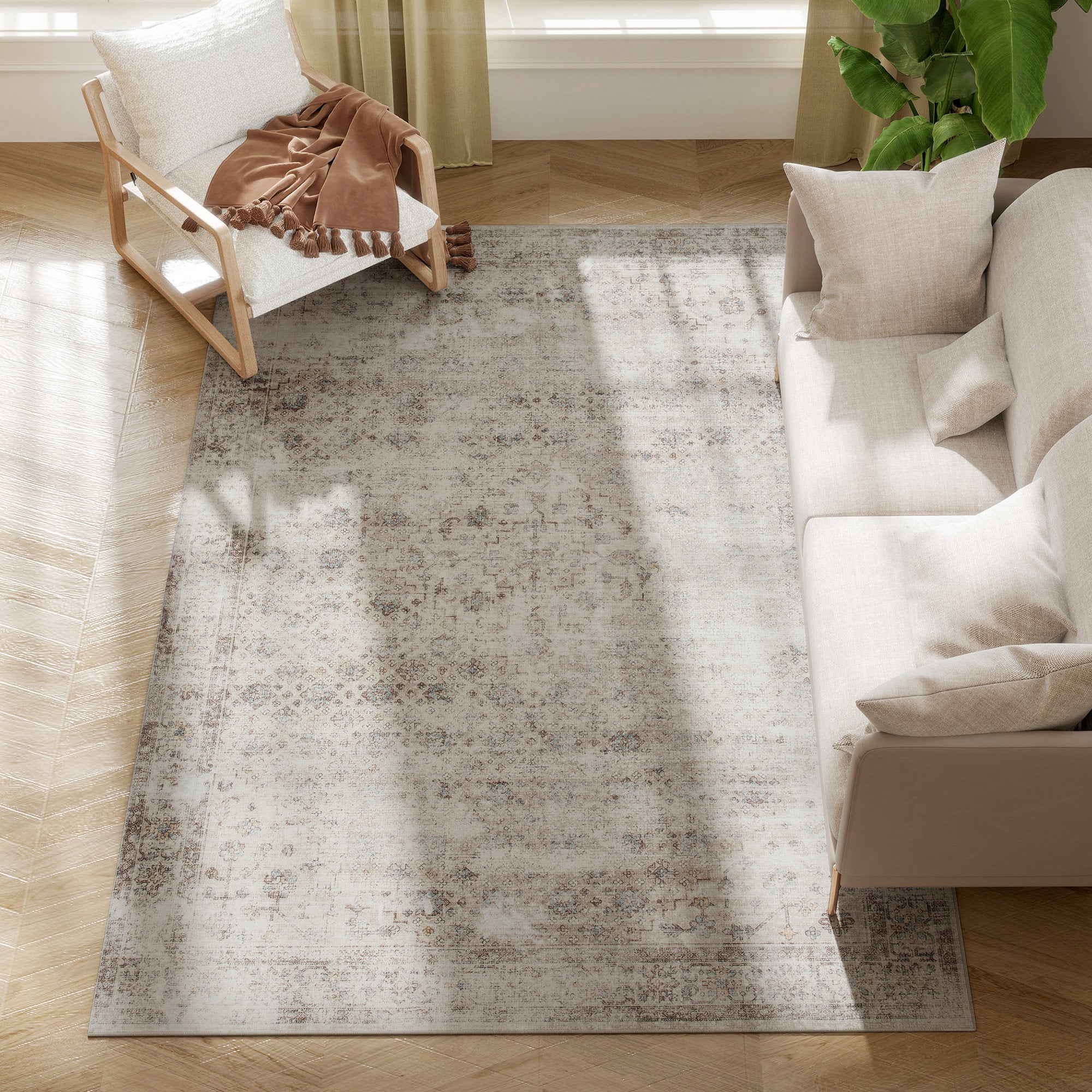 HOMCOM Machine Washable Area Rug 5x7, Non-Slip Traditional Floor Carpet for Living Room, Bedroom, Dining Room, Light Mixed-Brown