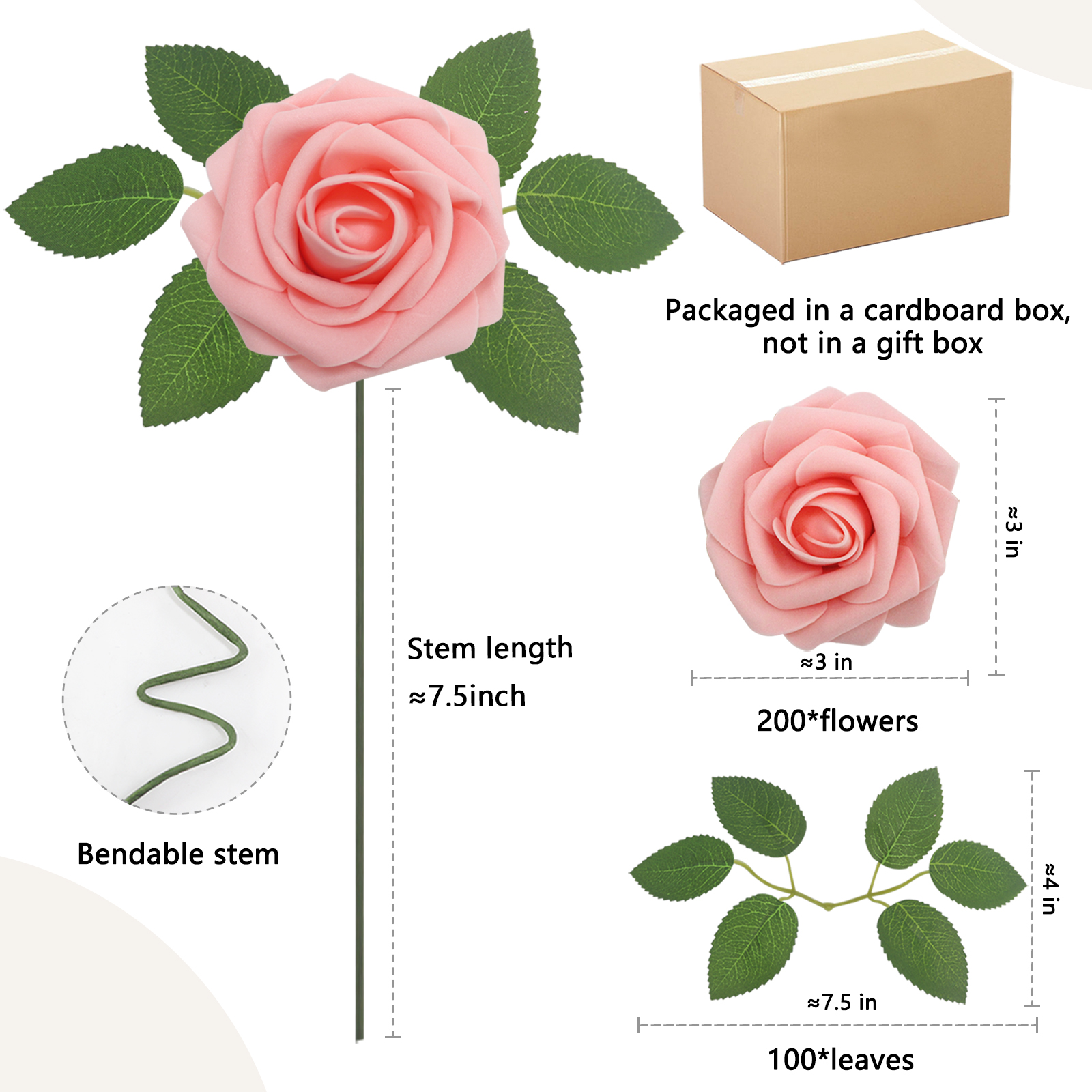 Artificial Flowers Pink Roses 200PCS Real Looking Foam Fake Roses with Leaves and for DIY Wedding Bouquets Bridal Shower Centerpieces Party Decorations