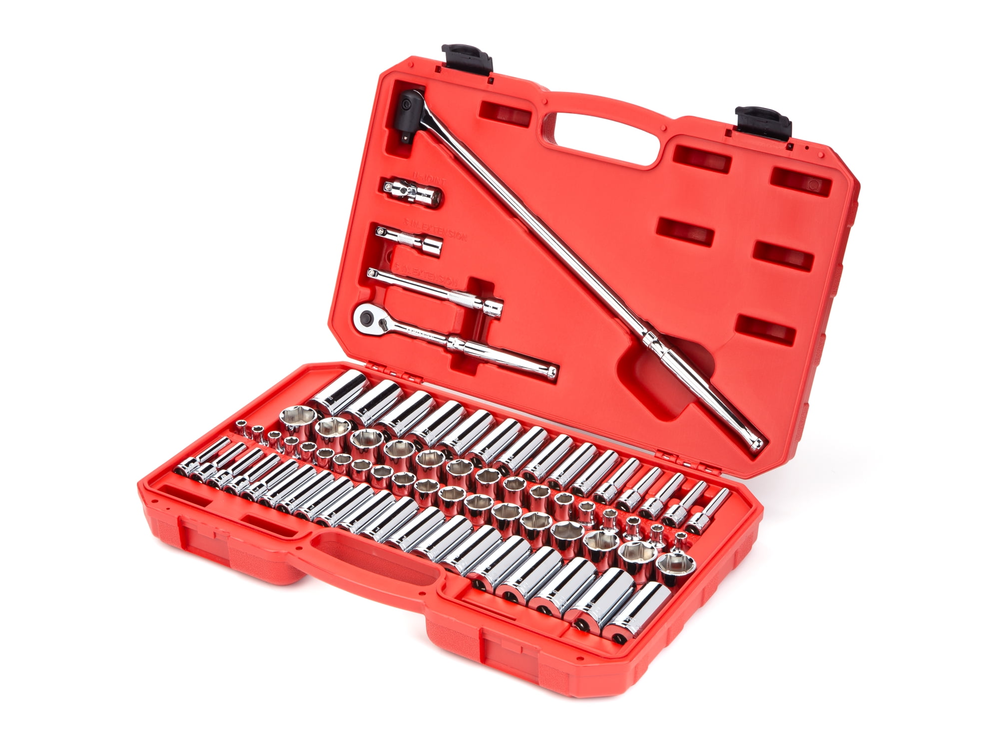TEKTON 3/8 Inch Drive Shallow and Deep 6-Point Socket and Ratchet Set with Case, 73-Piece (1/4-1 in., 6-24 mm) | SKT15311