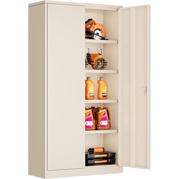 Tall Metal Storage Lockers,71 inch Locking Steel Cabinet with Lock,Lockable Storage cabinets with 2 Doors and 4 Shelves,Utility Cabinet for Office,Garage,Warehome,Basement(Beige)