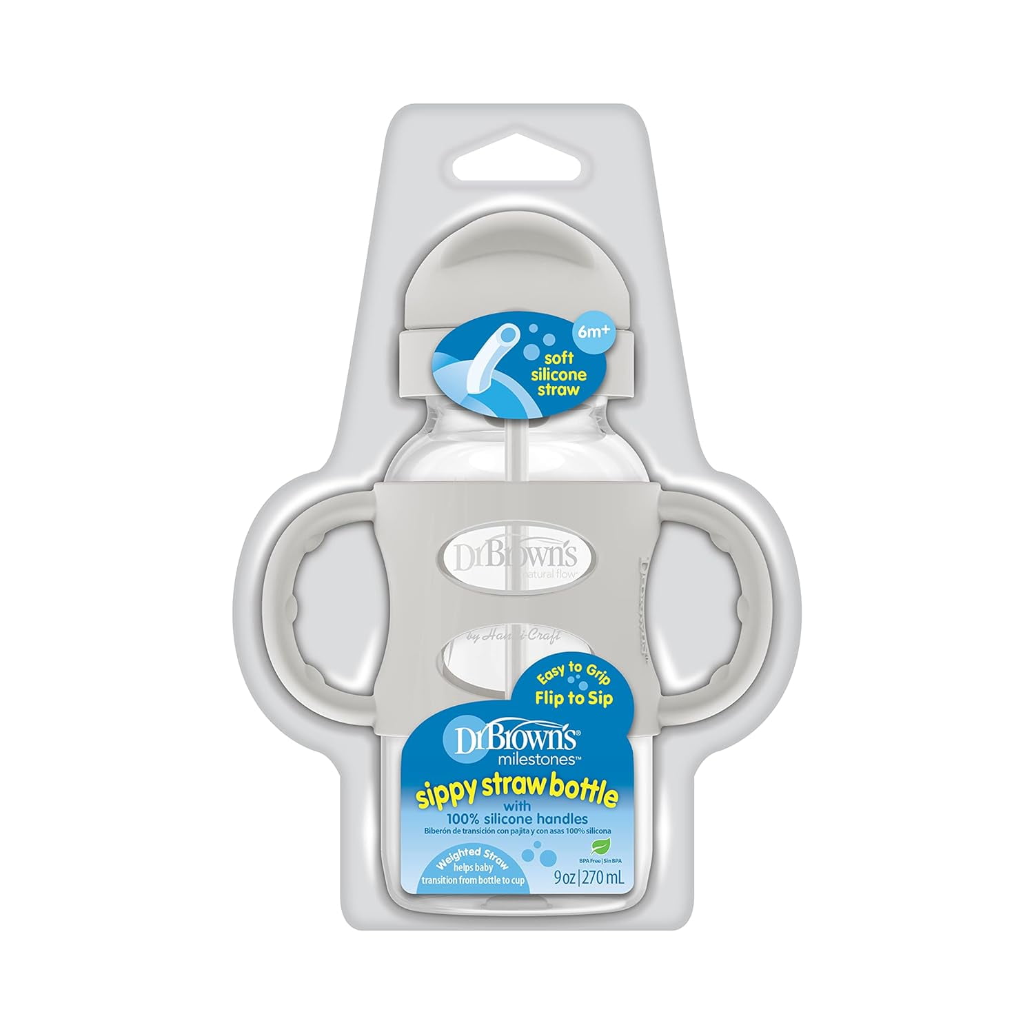Dr. Brown's Milestones Wide-Neck Sippy Straw Bottle, 100% Silicone Handles, 9oz/270ml, 6m+, Gray