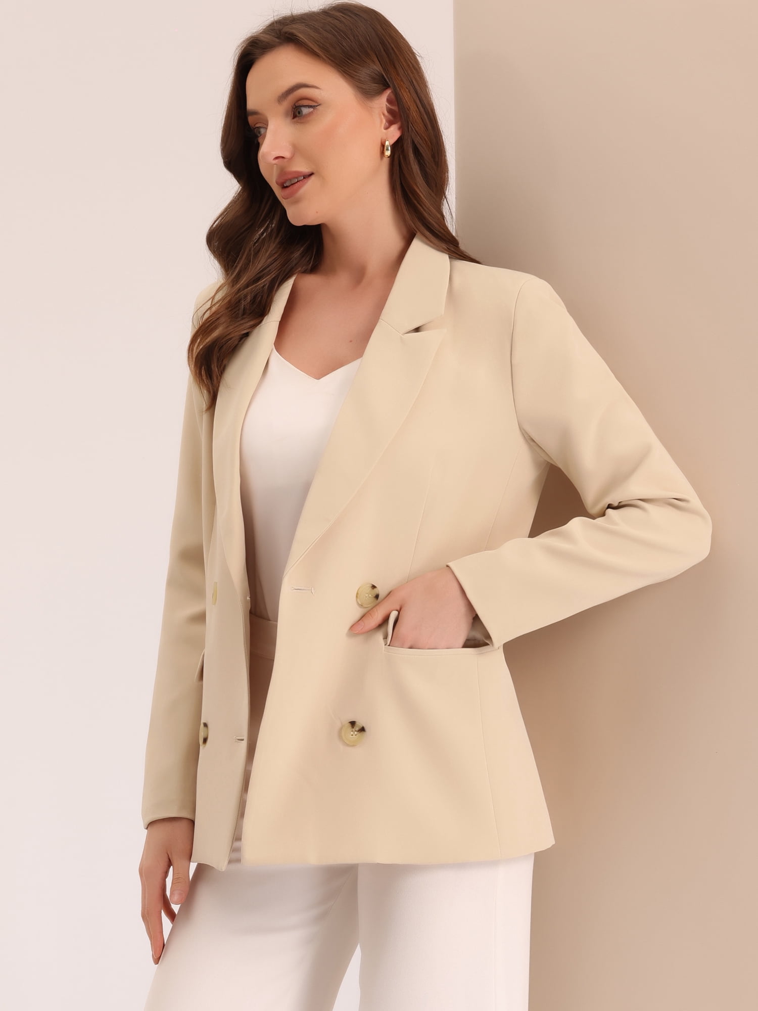 DARING DIVA Women's Plaid Notched Lapel Blazer Jacket S Apricot-Solid