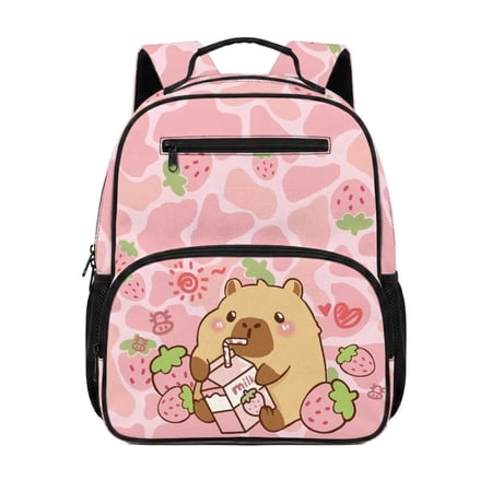 Jeiento Cute Capybara Toddler Backpack 13.5 Strawberry Daily Preschool Bookbag with Front Zipper Pocket Practical Storage Bag for Preschool Boys Girls Daily Life