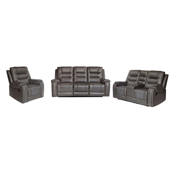 Hybition PU Leather Manual Recliner Sofa Set 3 Pieces Living Room Set Gray